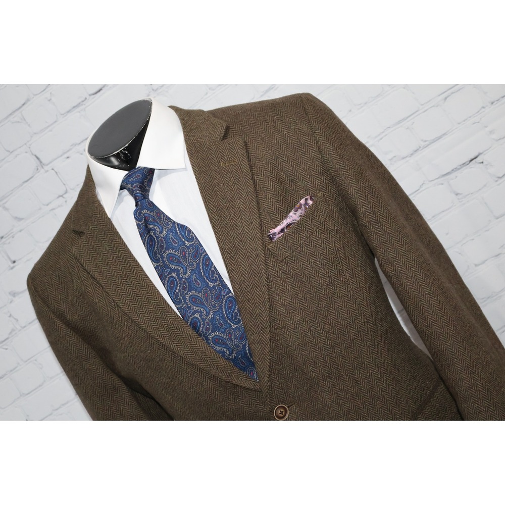 Nautica Sport Coat Men 46R Tweed Brown Herringbone Wool Blend 2BTN Blazer Jacket